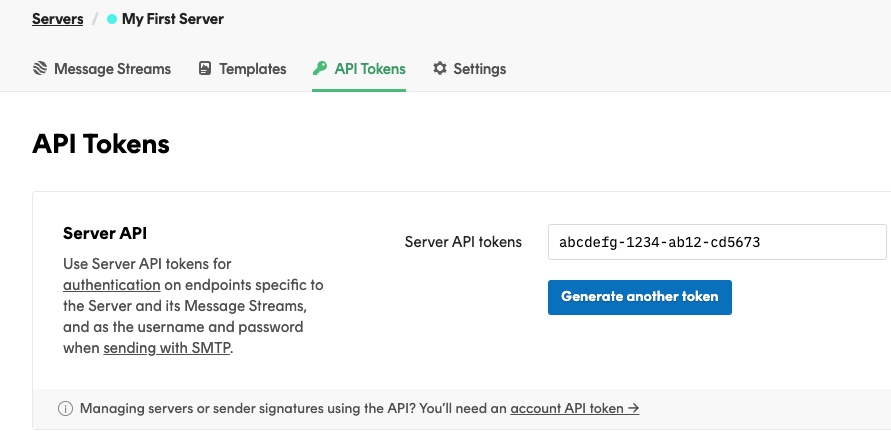 The Postmark API Tokens screen, showing a Server API token ready to copy.